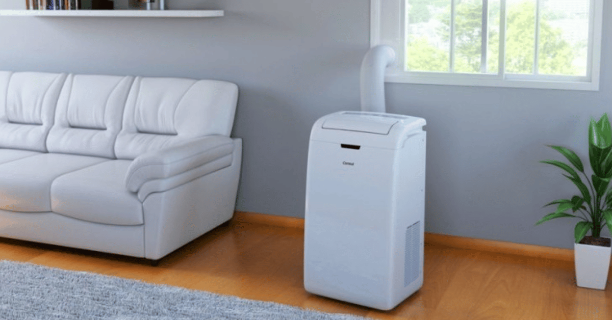 ar condicionado portátil branco na janela